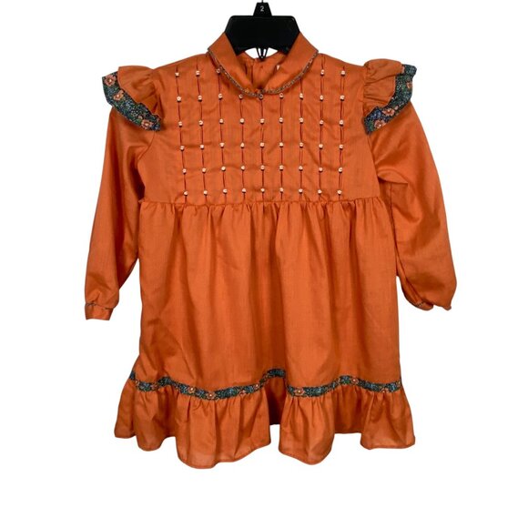 Vintage Polly Flinders Hand Smocked Dress Girls Size 6X Floral Accents Ruffles - Picture 1 of 6